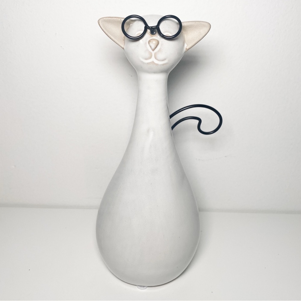 Ceramic Cat with Round Glasses, White, Cat Decor